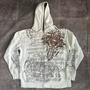 Men's Vintage Y2K NoBo No Boundaries Velour Skull Zip Up Hoodie Sweatshirt Sz M